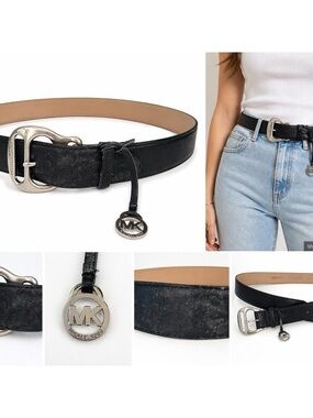 Michael Kors Navy Leather Belt with Silver-Tone Buckle Medium